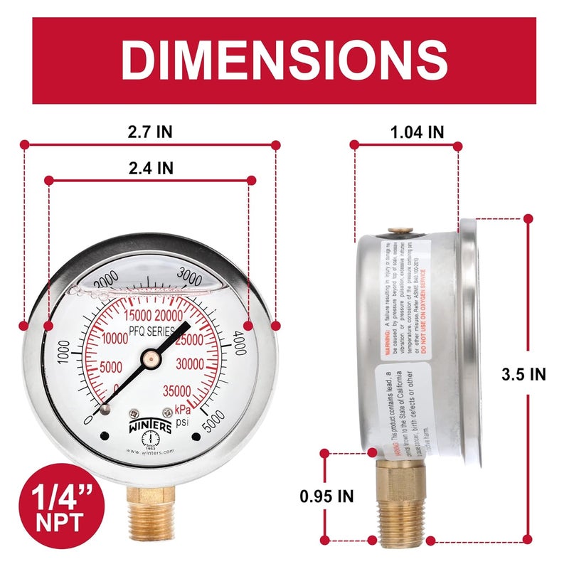 Winters Instruments Winters 2-1/2" Dial Size, Liquid Filled Industrial Pressure Gauge, Brass Internals, Stainless Steel Case, Dual Scale 0-5,000 psi/kPa, 1.5% Acc, 1/4" NPT Bottom Mount, Glycerin Filled Pressure Gauge - Image 3
